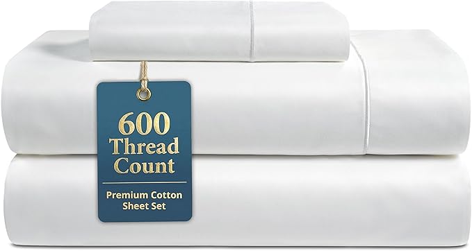 LANE LINEN Twin Sheets Set - 600 Thread Count Premium Sateen Weave for Gentle Feel On Your Skin - 100% Cotton Sheet Set for Hotel Quality Softness - Fits Mattresses Upto 15'' Deep - White
