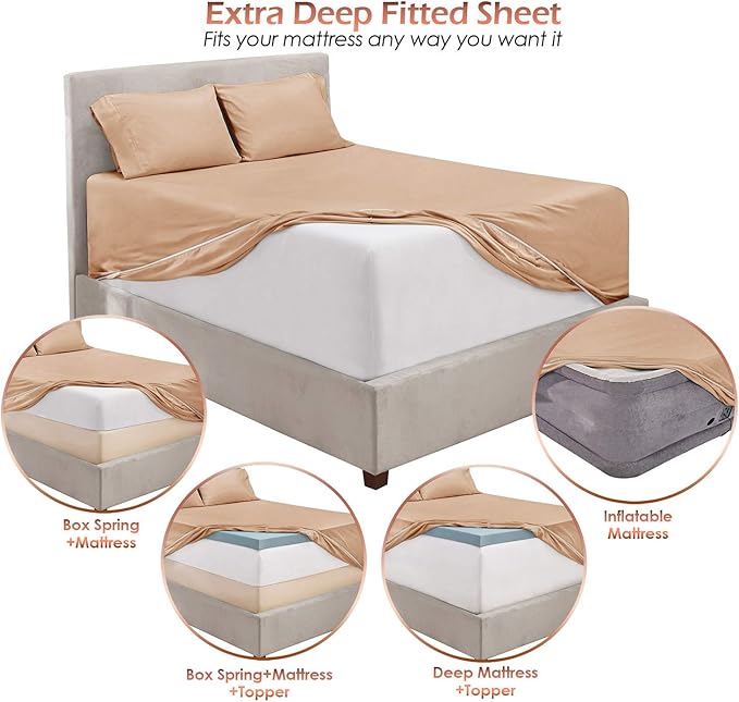 Hearth & Harbor Extra Deep Pocket Sheets - Fits Mattress 18-24 Inches Deep - Extra Deep Pocket Twin XL Sheets Sets - 4 Piece Twin XL Size - Taupe