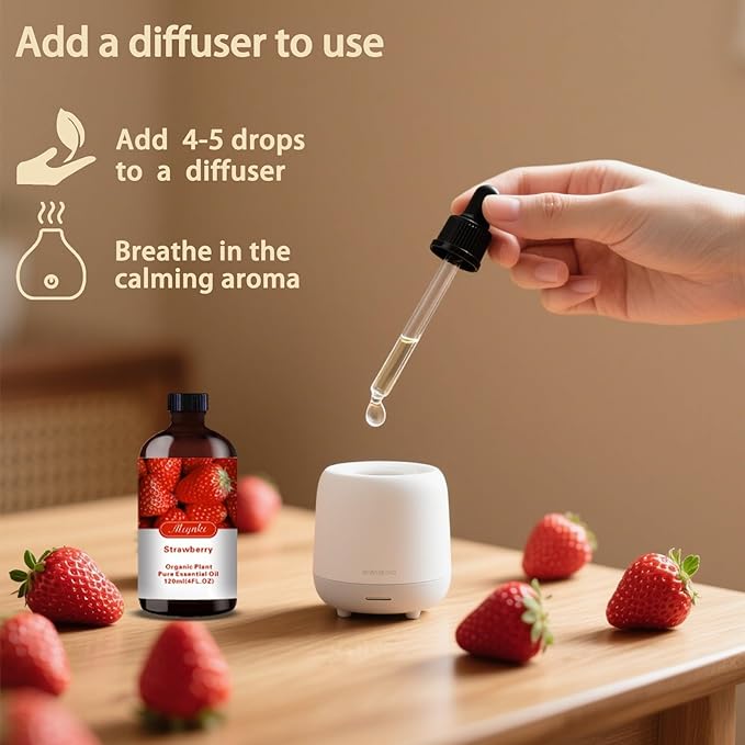 Strawberry Essential Oil – MLYNKL Strawberry Oils 4.33 fl oz for Diffusers, Humidifiers, Massage, DIY Candles, Soap, Cleaning, Home, Yoga, Office, Gifts - 130 ml