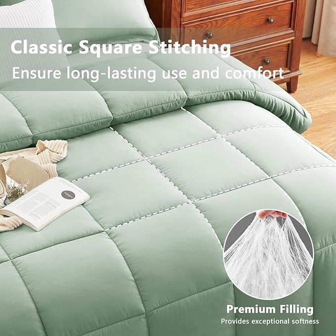 CozyLux King Size Comforter Set - Sage Green Comforter King Size, 3 Pieces Box Stitched Bed Set for All Seasons, Soft Lightweight Bedding Sets with 1 Down Alternative Comforter and 2 Pillow Shams