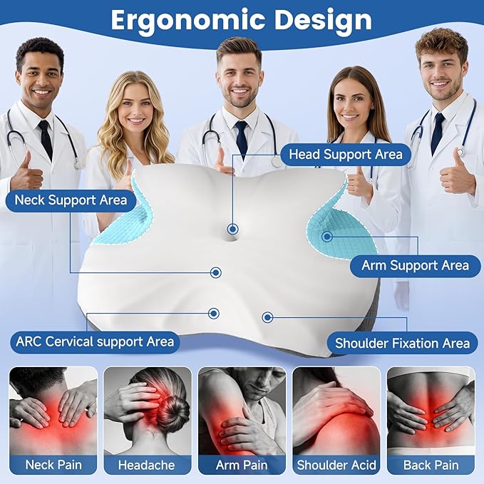 Side Sleeper Pillow, Memory Foam Cervical Neck Pillow, Dual Height Orthopedic Contour Pillow for Neck Support, Ergonomic Pillow for Side Back Stomach Sleepers with Breathable Washable Cover