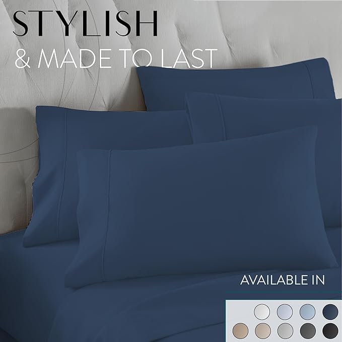 6 Piece Bed Sheet Set for Teens, Full/Queen/King Hotel Premium Sheets with 4 Pillowcases, Lightweight Brushed Microfiber Deep Pockets, Breathable Cooling Bedding Sets (Navy, Queen)