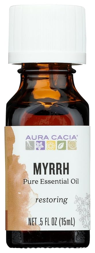 Aura Cacia 100% Pure Myrrh Essential Oil, 0.5 fl. oz, Balsamic, Warm Spicy Aroma, Centering & Meditative Restoring Myrrh Oil