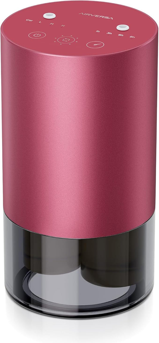 Airversa Dual-Nozzle Waterless Essential Oil Diffuser for Home Rechargeable Scent Diffusers with 5 Timer Settings, 4 Mist Levels with Vehicle Mode for Car Room Studio Office, Red Pink Metal