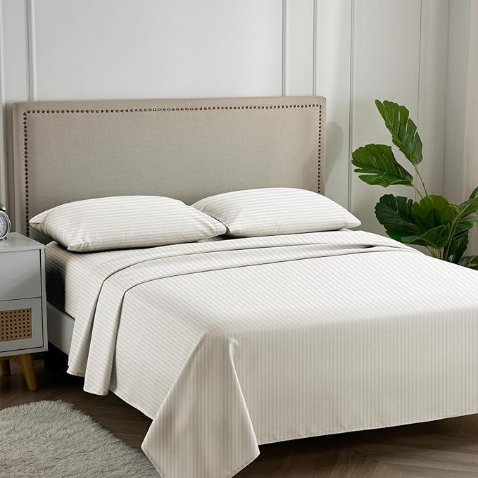 Carressa Linen Luxury Egyptian Cotton Queen Stripe Sheet Set - 600 Series Hydrangeas Collection Long Staple Queen Damask Sheets Set (4 PC, Ivory Stripe), Sateen Sheets Upto 18 in Deep Pocket