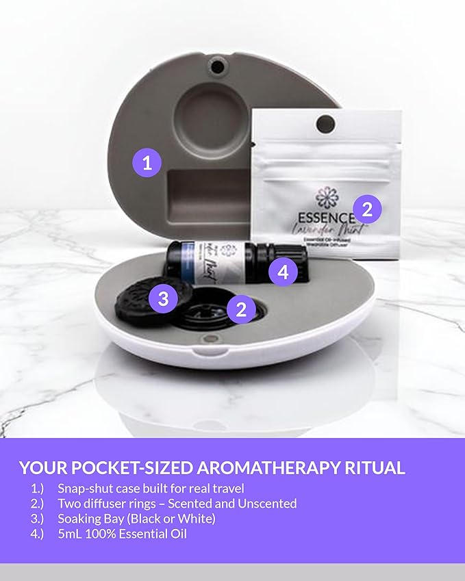Essence Pearl Travel Case | Lavender Mint Essential Oil | Aromatherapy Nasal Diffuser & Essential Oil Carrying Case | Lavender & Peppermint Oil Blend | Travel-Friendly Kit | Black Pod