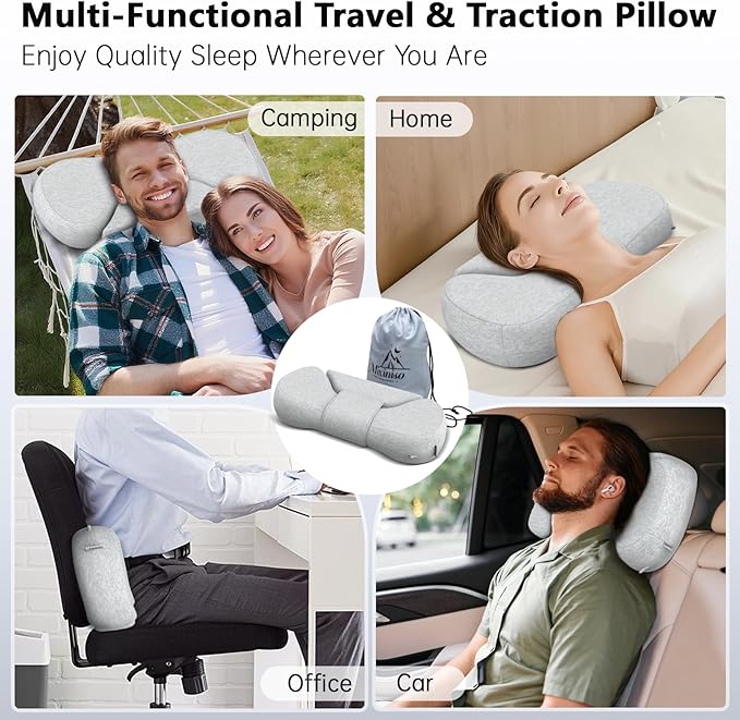 Cervical Neck Roll Pillow, Say Goodbye to Neck Pain, Travel Neck Support Pillow for Side Sleepers, Ergonomic Memory Foam Camping Pillow, Cervical Traction Device with Storage Bag (Gray)