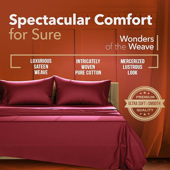TEXAS LINEN CO. Luxury Egyptian Cotton King Size Sheet Set - Texan Talkin' Collection 600 Series 4 PC Deep Pocket Fitted and Flat Sheets, Cooling Extra Long Staple Sateen Hotel Bedding - Burgundy