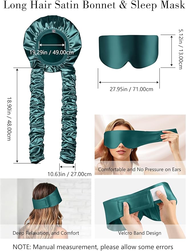 Satin Bonnet for Sleeping with Eye Mask，No Slip Sleep Bonnet with Long Curling Ribbons for Braids & Long Hair