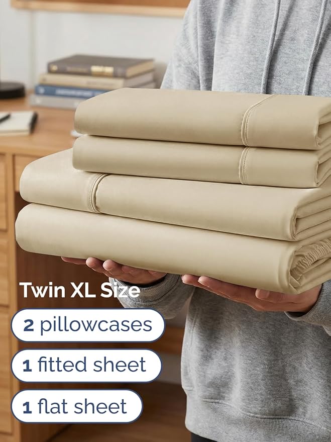 Extra Deep Twin XL Sheet Set - 4 Piece Breathable and Cooling Sheets - Hotel Luxury Bedding for Women, Men, Kids & Teens - Easy & Secure Fit - Soft, Wrinkle Free and Comfy - Extra Deep Pockets - Beige