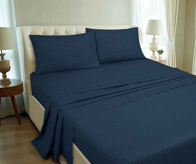 ROYALE LINENS 4 Piece Full Sheets Set - Soft Brushed 1800 Microfiber Bedding - 1 Fitted, 1 Flat Sheet, 2 Pillowcases - Wrinkle Free & Fade Resistant - Hotel Luxury Bed Sheets (Stripe Navy, Full)
