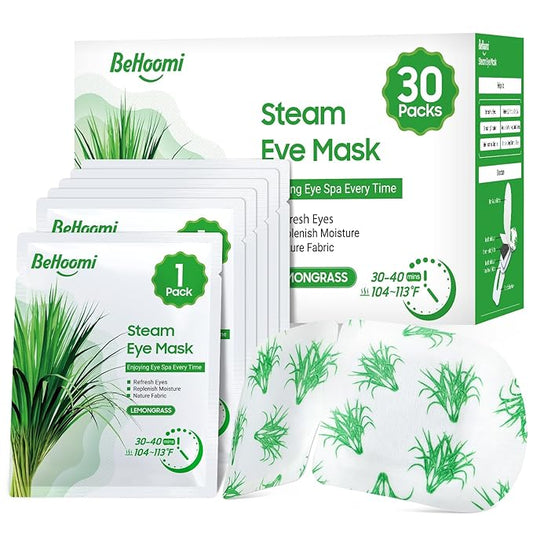 BeHoomi 30Packs Steam Eye Mask, Heated Eye Mask Warm Compress for Eyes, Self Heating Disposable Steam Mask for Home Sleep, Spa, Travel Essentials & Relaxation Gifts, Mothers Day Gifts (Lemongrass)