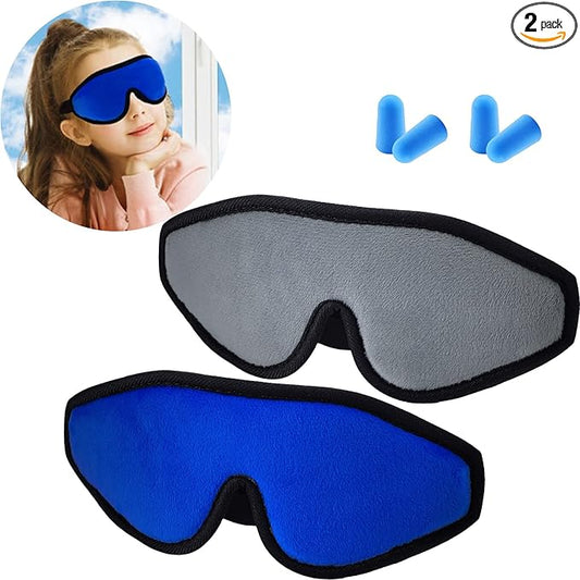 2 Pieces 3D Sleep Mask for Kids Memory Foam Contoured Eye Mask, Travel Sleep Eye Cover with Adjustable Strap, 3D Blindfolds(Blue and Gray)