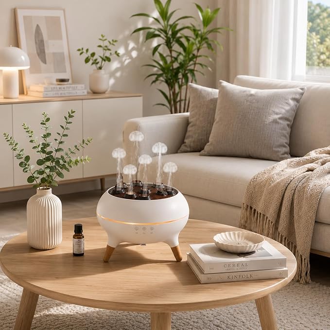 Mushroom Cloud Humidifier, Aromatherapy Essential Oil Diffuser with Sound-Activated Mode, 7-Smoke Modes Jelly Fog & Color LED, Large Water Tank with Auto-Shutoff, for Home Bedroom Office
