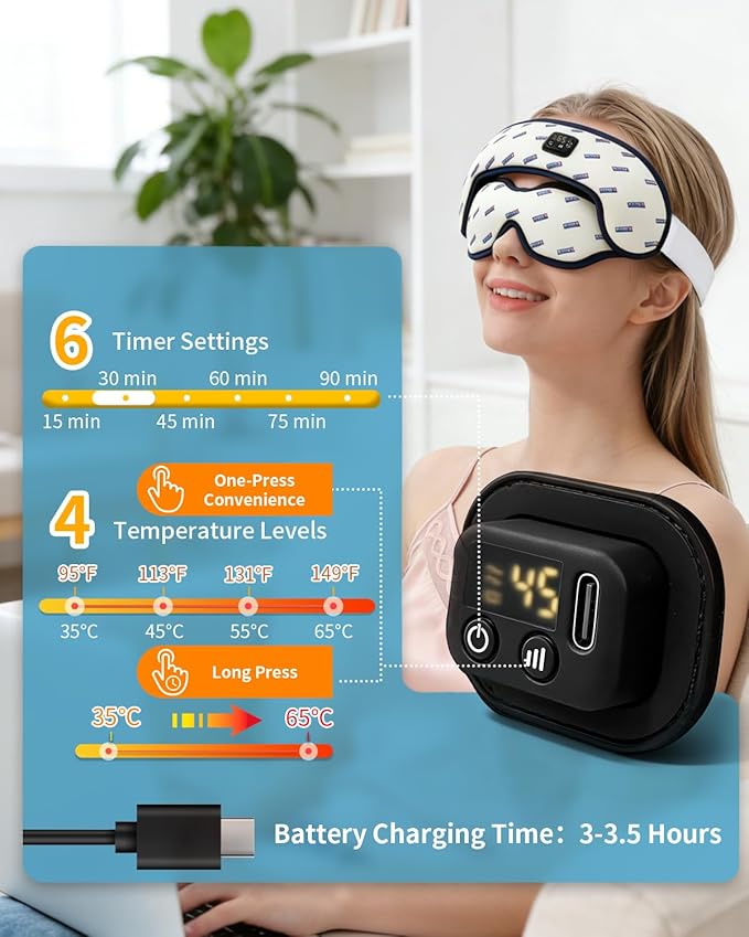 Cordless Heated Eye Mask for Dry Eyes 4 Temperature Settings & 6 Timers, Washable Cover, Warm Compress for Stye, Blepharitis, Eye Strain Relief Heating Pad, Ideal for Travel & Sleep Fast Even Heating