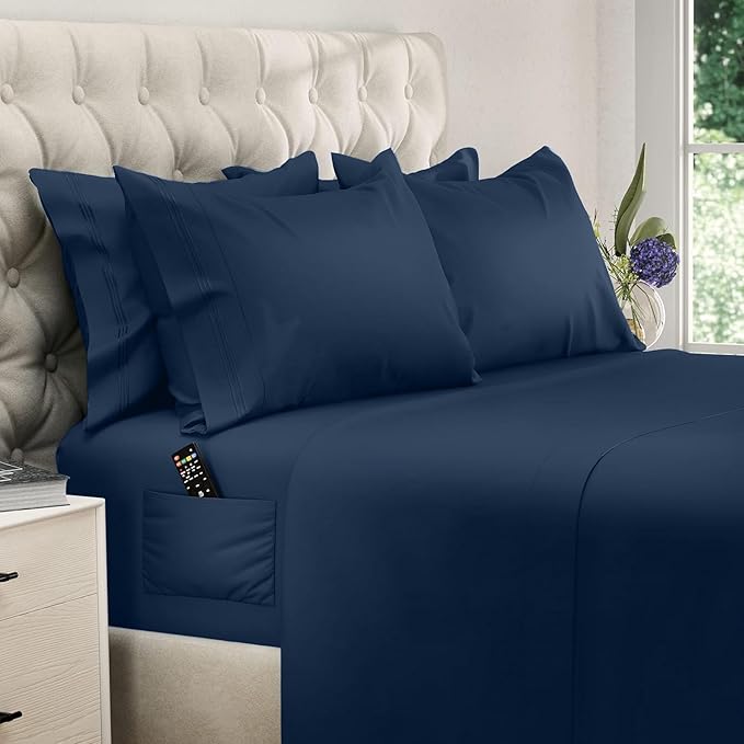 DREAMCARE California King Sheet Sets - 6 pcs Breathable Cooling Bed Sheets - up to 21" Extra Deep Cal King Sheets with Side Pockets - Extra Soft 100% Brushed Hypoallergenic Hotel Luxury Bedding N-Blue