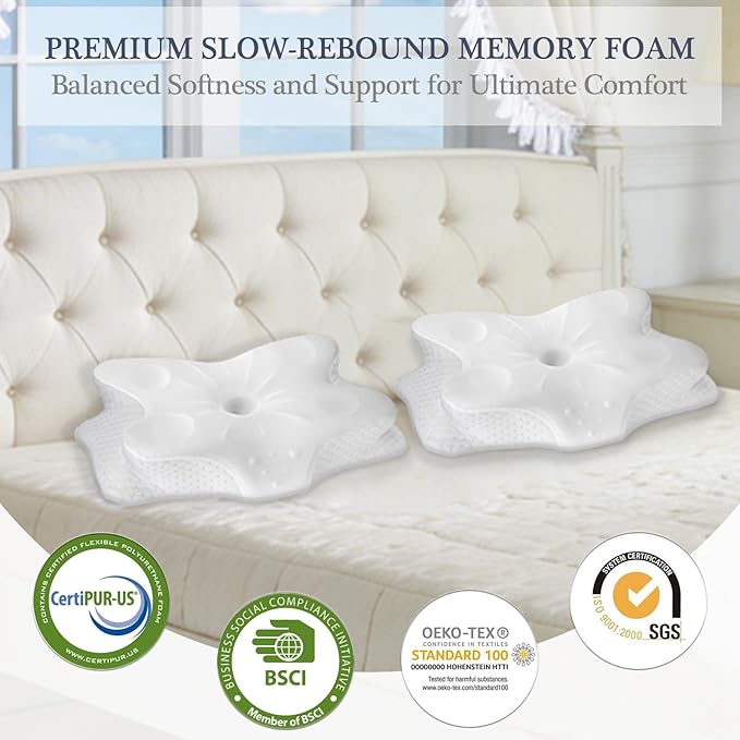 Cervical Neck Pillows for Sleeping & Pain Relief-Ergonomic Contour Memory Foam Pillow for Side/Back/Stomach Sleepers, 2 Heights with ICY Cooling White Silk Pillowcase - Gifts for Men & Women