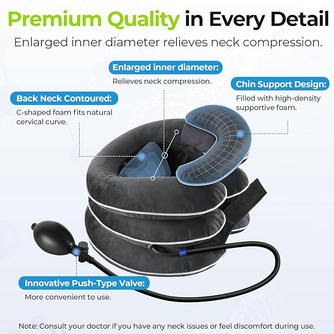 AUVON Inflatable Neck Stretcher for Cervical Traction, Cervical Stretcher with 3-Layer Design in Varying Sizes for Instant Relief, Neck Brace Pillow for Neck Support, Decompression Home Use, M Size
