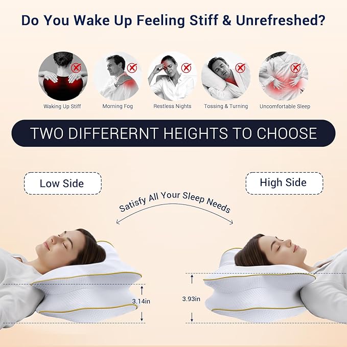 AZBESTPRO Memory Foam Cervical Pillow for Neck Support & Pain Relief, Butterfly Ergonomic Design – 24×15.75×5.7 Inches, Removable 100% Polyester Pillowcase, Suitable for Side & Back Sleepers (Gold)