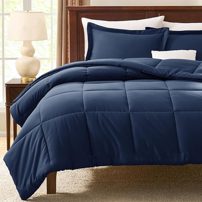 CozyLux Super King Plus Comforter Set, 3 Pieces Navy Blue 128x120 Box Stitched Design Soft Bedding Set, All Season Lightweight Breathable Bed Set with 1 Down Alternative Comforter and 2 Pillow Shams