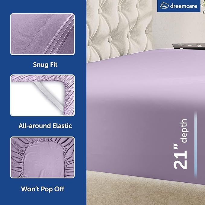 DREAMCARE Queen Sheet Set - 6 pcs Breathable Cooling Bed Sheets - up to 21" Extra Deep Pocket Queen Sheets Set with Side Pockets - Extra Soft 100% Brushed Hypoallergenic Hotel Luxury Bedding -Lavender