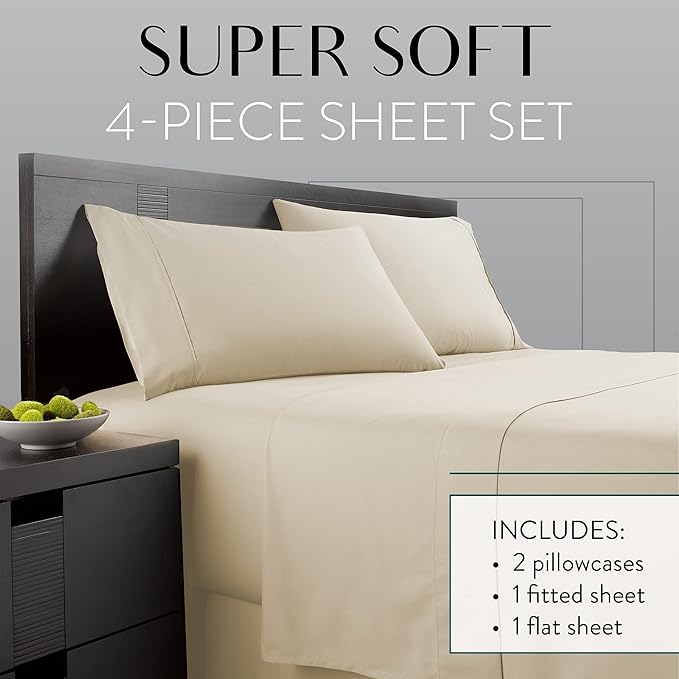Danjor Linens Twin Bunk Bed Sheets w/ 2 Pillowcases, Lightweight Brushed Microfiber Deep Pockets, 4 Piece Fitted Bedding Sets, Cream