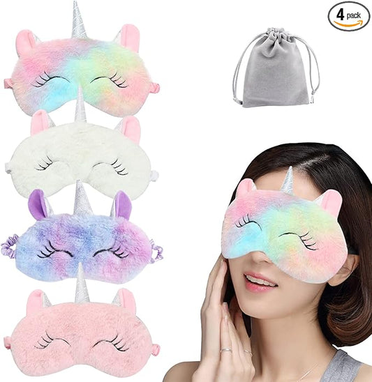 4 Pcs Cute Sleep Mask, Cartoon Eye Mask for Travel Nap Sleep Lunch Break Overnight Party, Soft Plush Blindfold Eye Covers for Women Girls Kids