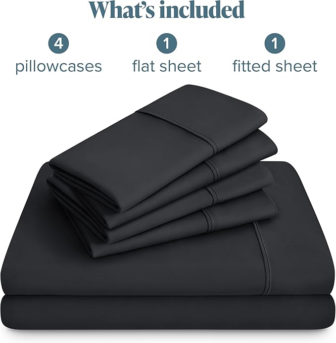 Bare Home Hotel Luxury Split Head Flex King Sheet Set, Extra Soft, Deep Pockets, Easy Fit, Cooling & Breathable, Wrinkle, Fade, Stain Resistant, with 4 Pillowcases (Split Head Flex King, Black)