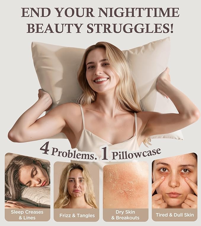 Instant Chill Cooling Pillowcase for Hot Sleepers, 2% HA Infused Pillowcase Hydrates Skin & Hair, Reduces Wrinkles & Frizz, Softer Than Silk Pillow Cases, Pillow Covers Standard (Beige, 1 Pack)