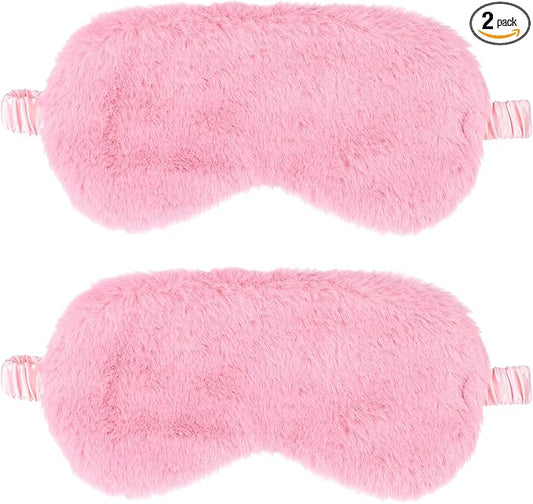 2 Pcs Plush Eye Mask Soft Sleeping Blindfold Eye Cover Comfortable Furry Faux Fur Sleeping Mask Satin Nap Night Eyeshade Cover for Women Men Gift (Pink)