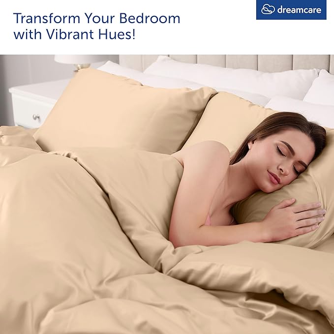 DREAMCARE Queen Sheet Set - 6 pcs Breathable Cooling Bed Sheets - up to 15" Deep Pocket Queen Sheets Set with Side Pockets - Extra Soft 100% Brushed Hypoallergenic Hotel Luxury Bedding - Wheat