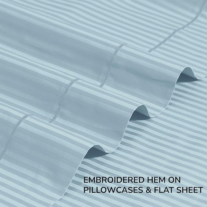 Feather & Stitch 500 TC California King Size Bed Sheet Set, 100% Cotton Soft Breathable Bedsheets, 4 Piece 18" Deep Pockets Sateen Weave Striped Bedding Mattress Resort Hotel Luxury- (Aqua Stripe)