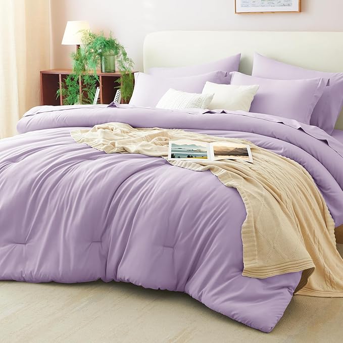 CozyLux Full Size Comforter Sets Lavender, 7 Pieces Bed in a Bag Full Comforter Set with Sheets, Light Purple Luxury Soft Bedding Set with Down Alternative Comforter, Sheets, Pillowcases & Shams