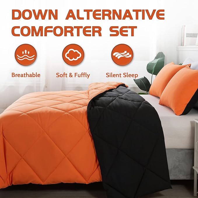Decroom Lightweight King Comforter Set with 2 Pillow Sham - 3 Pieces Set - Quilted Down Alternative Comforter/Duvet Insert for All Season - Orange/Black - King Size