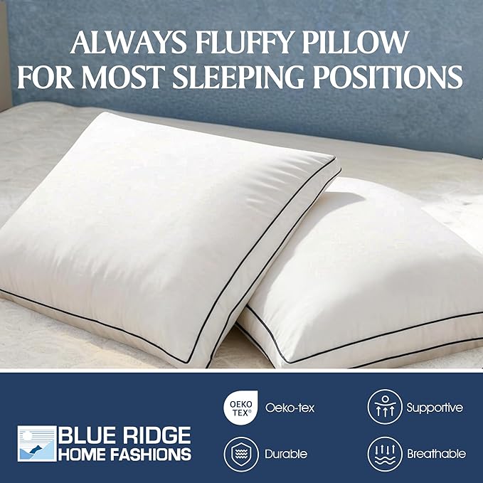 Blue Ridge Home Fashions Hotel Bed Pillows Queen Size Set of 2, 400 Thread Count 100% Cotton Cover, Medium Soft, Support Gusseted Down Alternative Pillow for Back, Stomach or Side Sleepers, 18" x 26"