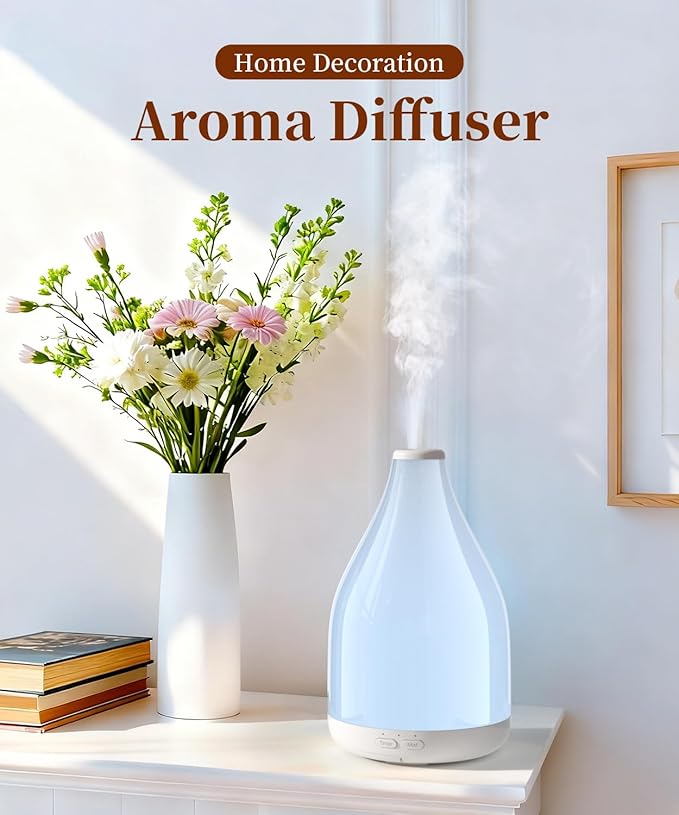 Essential Oil Diffuser for Large Room, Modern Stylish Aroma Diffusers Home Decoration, 12 Hours Cool Mist Ultrasonic Humidifier, Colorful Ambient Light & 1-3-6H Timer Off, White