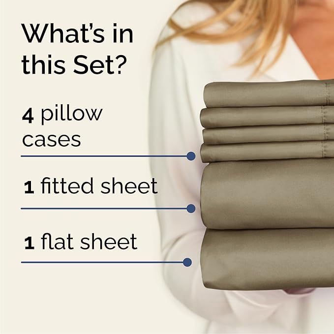 Cal King 6 Piece Sheet Set - Comfy, Breathable & Cooling - Hotel Luxury Bedding for Women, Men, Kids, Teens & Children - 1 Flat & 1 Fitted Sheet & 4 Pillowcases w/ Deep Pockets - Wrinkle Free - Khaki