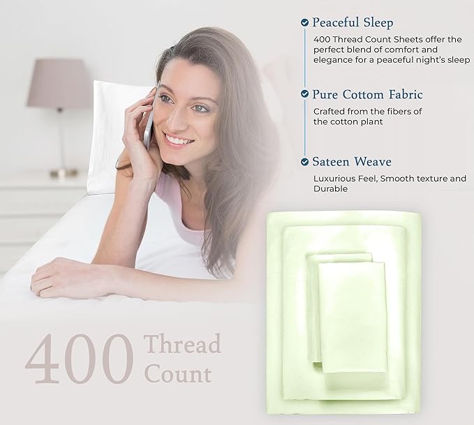 ROYALE LINENS 400 Thread Count 100% American Grown Cotton 4 Piece Sateen Full Sheet Set - 1 Fitted Sheet, 1 Flat Sheet, 2 Pillow case - Green Full Bedsheet - Cotton Sheets - (Full, Florentine Sage)
