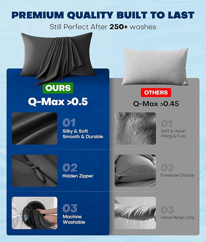 Ultra-Chill Cooling Pillowcase Set of 2 for Hot Sleepers, Softer Than Silk Pillow Cases for Protecting Hair & Skin, Breathable Bed Pillow Covers w/Zipper, Gifts for Women Men (Black, Queen)