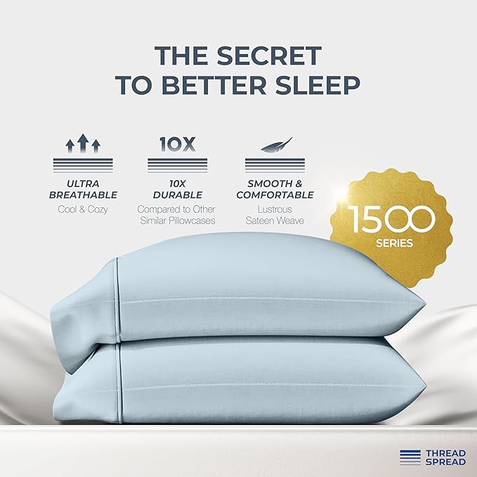 THREAD SPREAD 100% Egyptian Cotton Pillow Cases Queen Size Set of 2 - Luxury 1500 Series Queen Pillow Cases (Light Blue), Soft Cooling Envelope Closure Hotel Quality Egyptian Cotton Pillowcases