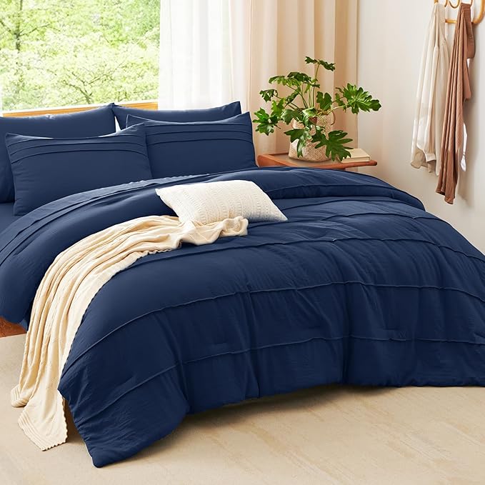 CozyLux King Size Comforter Set Navy Blue, 7 Pieces Soft Pinch Pleat Bed in a Bag King Comforter Set with Sheets, Boho Bed Set with Down Alternative Comforter, Sheets, Pillowcases & Shams