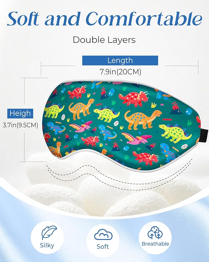 Miss Adola Sleep Mask for Kids - Cute Kawaii Cartoon Silk Sleeping Mask with Adjustable Strap Soft Smooth Light Eye Mask for Sleeping Silk Kids Eye Cover for Boys Girls Teens, Green Dinosaur
