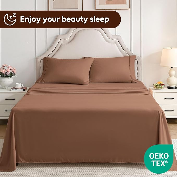 Twin XL Sheets Set, 3 Pieces Hotel Luxury Soft Microfiber Bed Sheets Set, Up to 16" Deep Pockets, Oeko-Tex Sheets with Elastic, Breathable, Wrinkle Free (Brown,Twin XL)