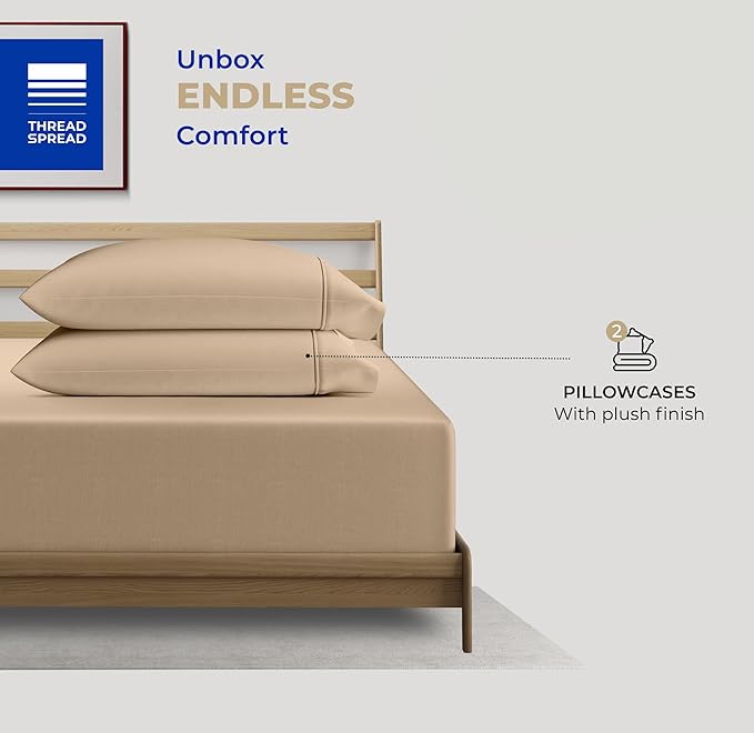 Thread Spread 100% Cotton King Size Pillow Cases Set of 2 - Luxury 400 Series Glee Collection Pillow Cases King Size (Taupe), Soft Cooling Breathable & Durable Sateen Hotel Cotton Pillowcases