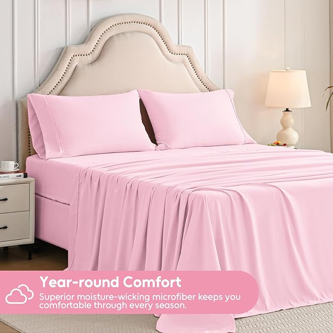 Queen Sheet Set, 4 Pieces Hotel Luxury Soft Microfiber Queen Bed Sheets Set, Up to 16" Deep Pockets, Oeko-Tex Sheets with Elastic, Breathable, Wrinkle Free (Light Pink, Queen)
