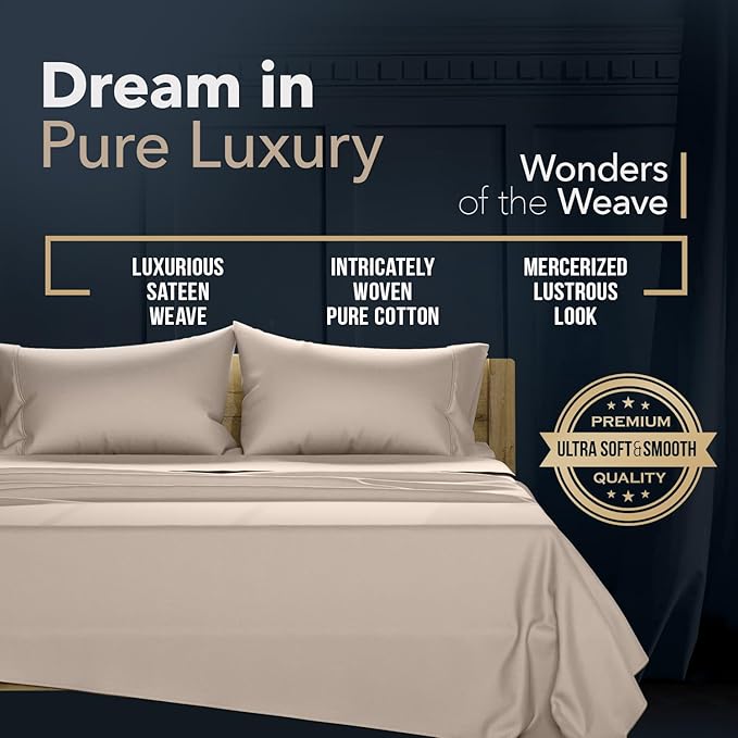 TEXAS LINEN CO. 100% Egyptian Cotton Queen Sheets Set - Luxury 1500 Series Couture Comfortin' Collection Egyptian Cotton Sheets Queen Size Bed Set (4 PC, Taupe), 17" Deep Pocket, Hotel Bedding Set