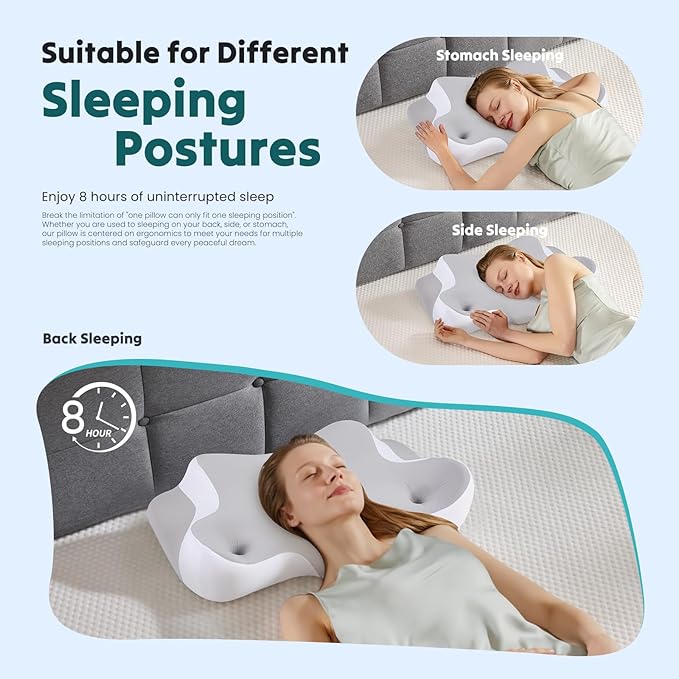 DUMOS Cervical Neck Pillow for Neck Pain Relief, Cooling Memory Foam Pillows for Sleep Apnea, Soft Side Sleeper Pillow Orthopedic Support Ergonomic Pillow for Stomach Back Stomach Sleepers, Gray