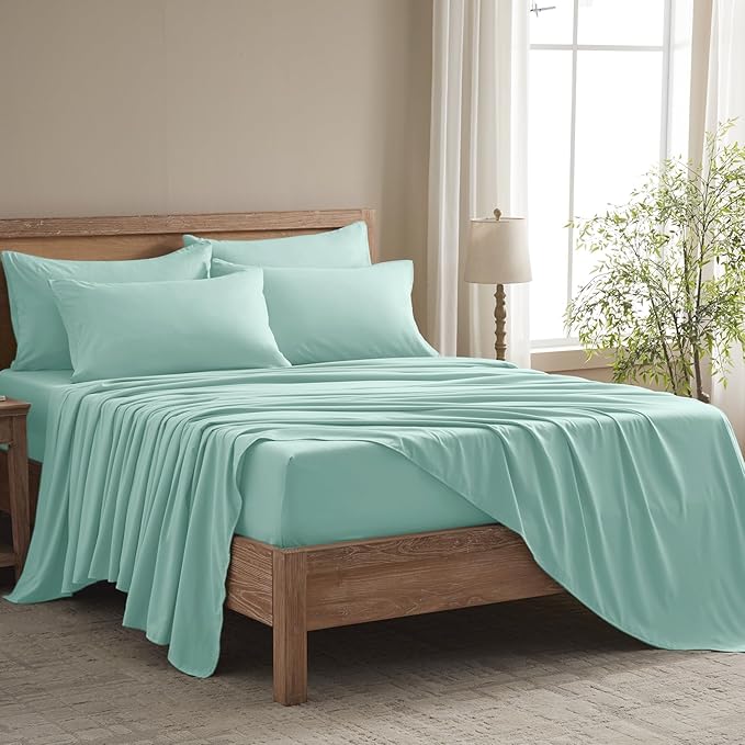 Full Size Bed Sheets - 6 Piece Soft Microfiber and Wrinkle Free Sheets - Easy Care, Extra Soft, Cooling Sheets - 1 Deep Pocket Fitted Sheet 1 Flat Sheet and 4 Pillowcases (Full Spa Blue)