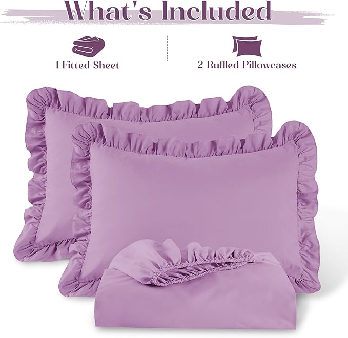 Homiest 3-Pieces Ruffle Pillow Case & Fitted Sheet Set, Lavender Queen Sheets with 2 Ruffled Pillow Shams, 15 Inch Deep Pocket, Cute & Coquette Microfiber Bed Set for Decorating Bedroom Hotel