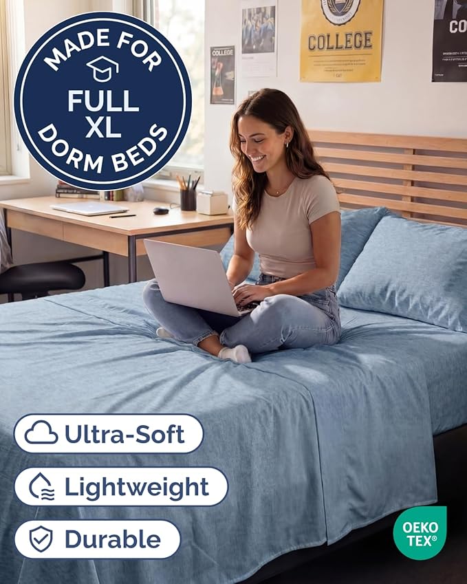 Full XL Bed Sheet - 4 Piece Full XL Bed Sheets Set - Ultra-Soft, Breathable & Cooling - Hotel Luxury Bedding for Women & Men w/ Deep Pockets - Wrinkle Free & Fade Resistant - Oeko-Tex - Heathered Blue